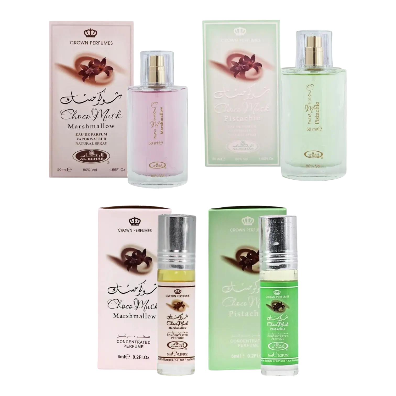 (4pc Bundle Pack) Choco Musk Marshmallow + Pistachio - 50ml EDP Spray and 6ml Perfume Oil Roll-on by Al-Rehab