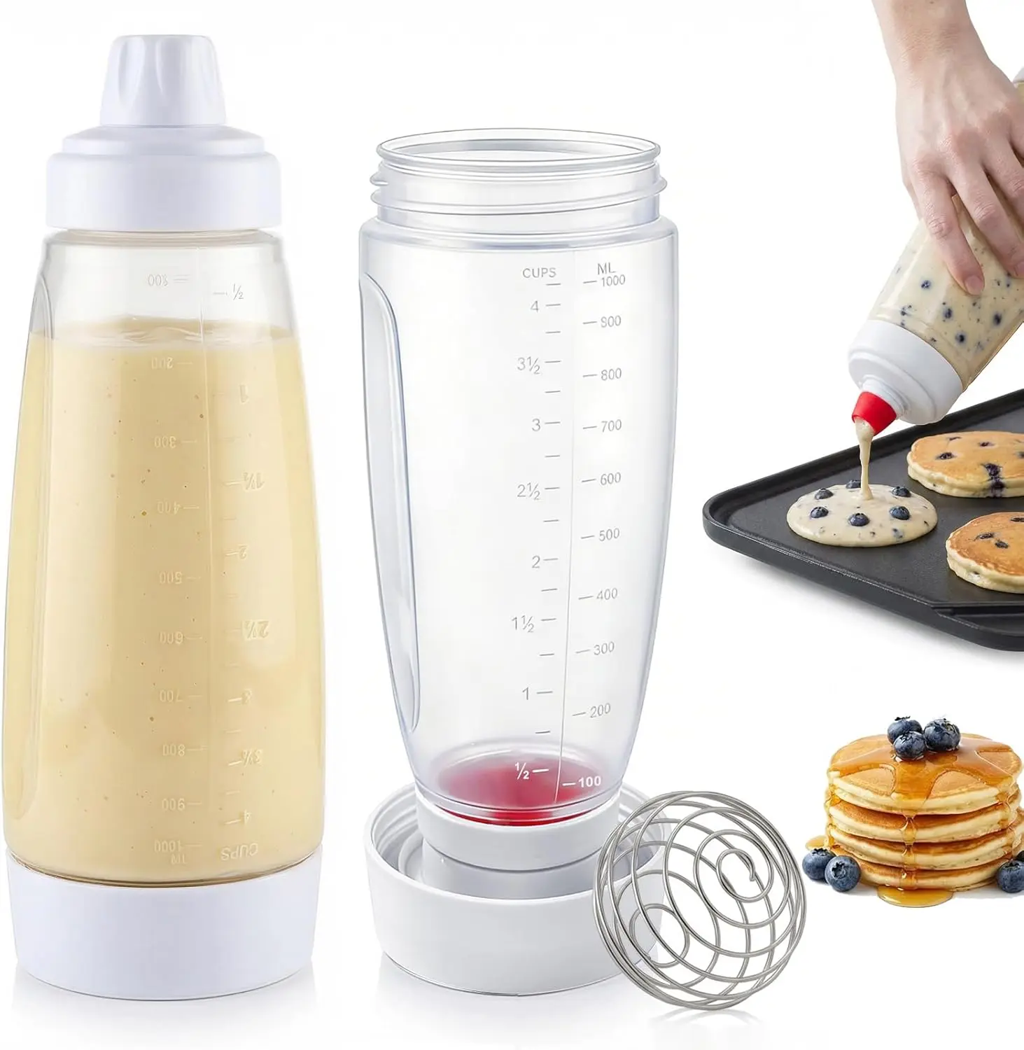 Handheld Pancake Batter Dispenser,Batter Mixing Bottle with Blender Balls,Batter Squeezer Bottle,Easy Pour Spout Reusable Silicone Bakeware,Kitchen Gadgets for Home Use,Utensils,Perfect for Pancakes,Waffles,Muffins & Cupcakes,home essentials