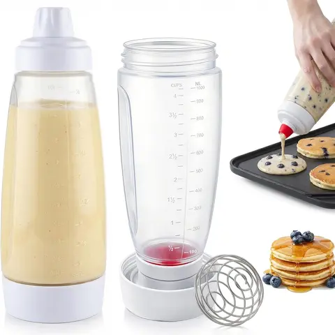 1000ml Food-Grade PP+Silicone Handheld Pancake Batter Dispenser - Whisk Blender Balls, Detachable Scale, Easy-Pour Spout, Smooth Dispensing, Dishwasher-Safe Reusable Kitchen Gadget for Home Baking