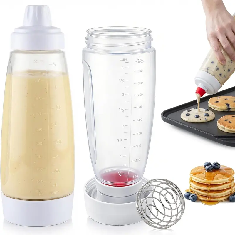 1000ml Food-Grade PP+Silicone Handheld Pancake Batter Dispenser - Whisk Blender Balls, Detachable Scale, Easy-Pour Spout, Smooth Dispensing, Dishwasher-Safe Reusable Kitchen Gadget for Home Baking