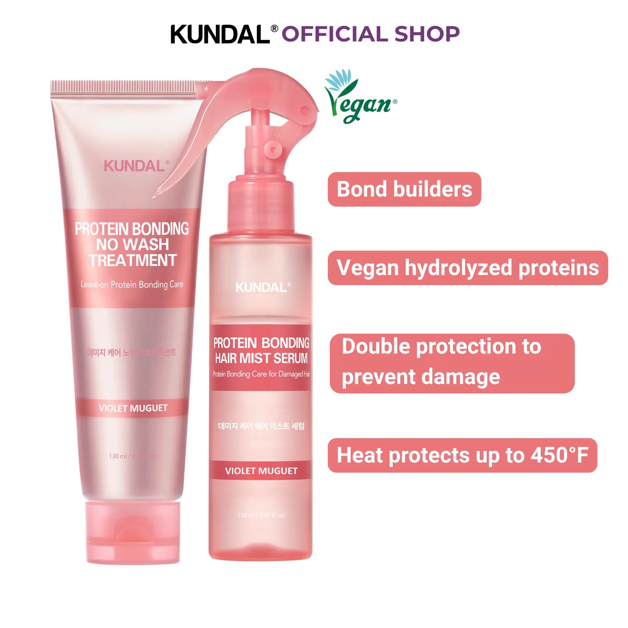 [KUNDAL] Protein Bonding Hair Mist Serum + Leave-in Treatment Set for Damaged, Bleached & Color-Treated Hair[
