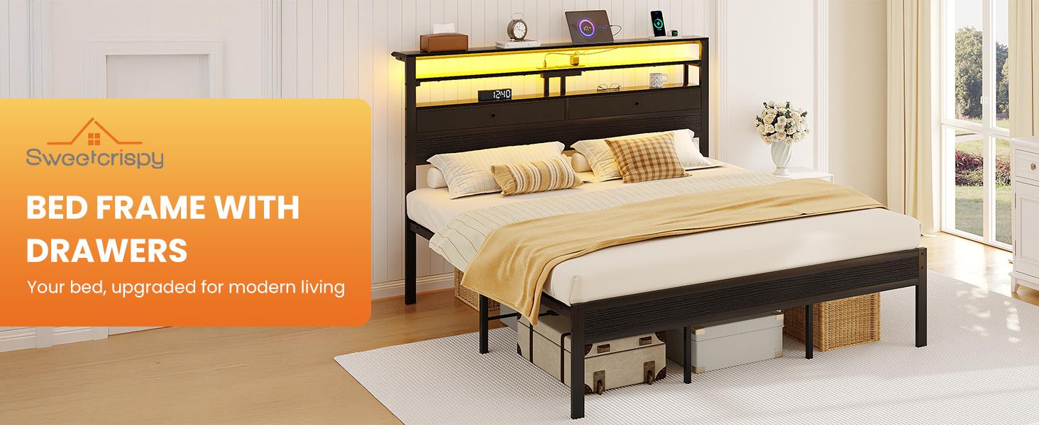 Bed Frames with Charging Station and LED Lights, Wood Headboard with 2 Fabric Drawers and Storage Shelves, Twin Size Platform Bed with Metal Slats, No Box Spring Needed Bed Frames with Charging Station and LED Lights, Wood Headboard with 2 Fabric Drawers and Storage Shelves, Twin Size Platform Bed with Metal Slats, No Box Spring Needed