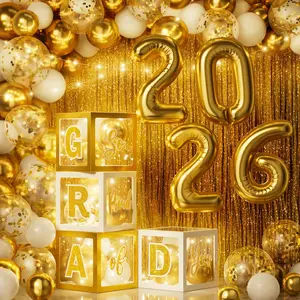 2026 Graduation Decorations, 86 count White and  Graduation Party Decoration Supplies Grad Balloon Arch Kit with Led Light Strings, Balloon Boxes with Letters & Foil Curtain for High School College
