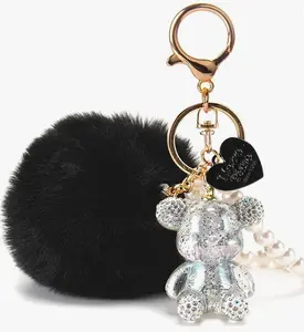 Kawaii Cute Bear Keychain for Women, Bling Gummy Teddy Bear Pom Pom Key Chain Girly Wristlet Keychain for Backpack