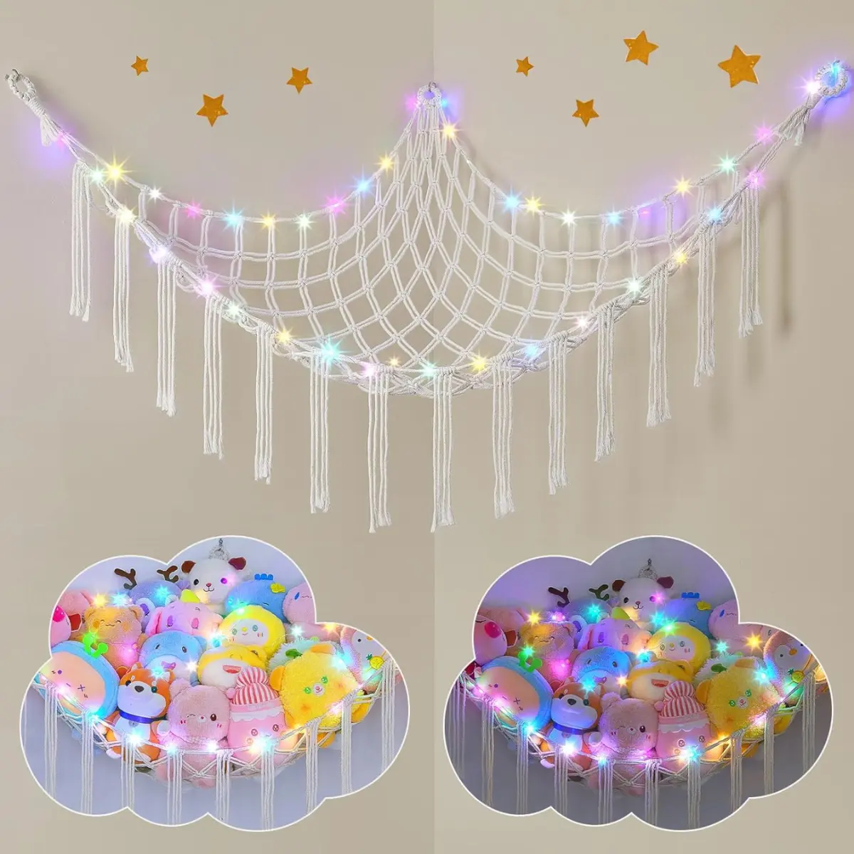 Stuffed Animals Hammock Net Toy Storage Organizer Stuffed Animals Storage Toy Holder Boho Macrame Hanging for Nursery Kids Girls Room Decor