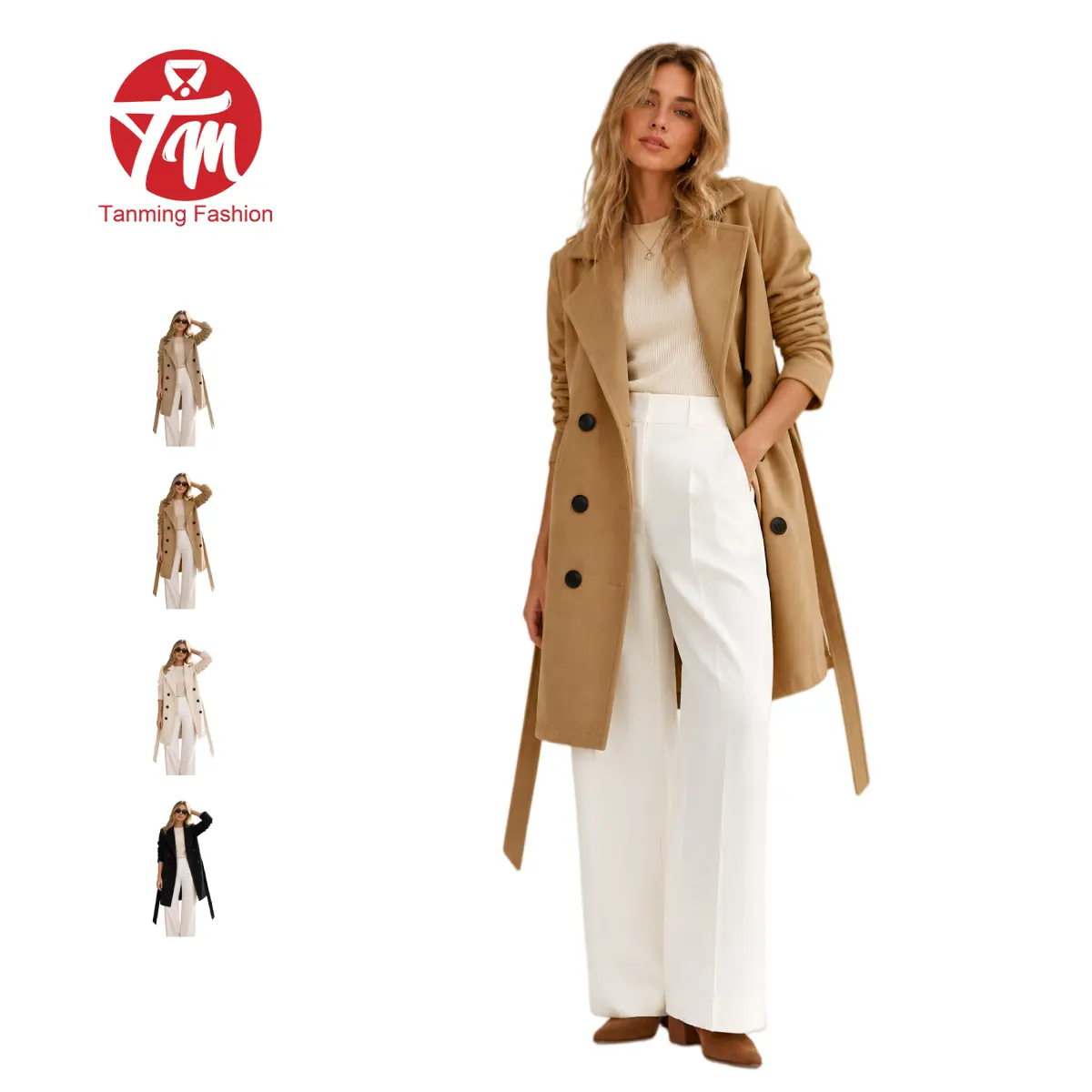 Tanming Women's Chic Fitted Long Sleeve Basic Double-Breasted Faux Wool Trench Coat - Long Winter Jacket for Casual, Elegant Outfits, Jackets, Outerwear, Faux Wool Mix, Machine Wash, Tops, Wide Lapels, Casual Chic, 90% Polyester, Double Button
