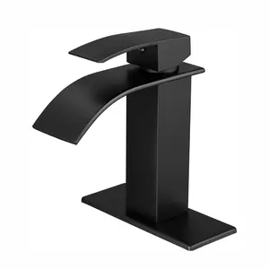 Black Bathroom Faucets Modern Waterfall Bathroom Sink Faucet Matte Black Single Handle Bathroom Faucet for 1 or 3 Holes with Deck Plate, Rv Sink Camper Farmhouse Bathroom Utility Remodel Faucet