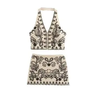 LYD- Two Piece Sets for Women Summer Sleeveless Halter Top with Mini Skirt Jacquard Linen Set Western Outfit -LYD 2-piece casual lounge elegant fashion casual outfit high waist wide leg sleep Cropped Tee and Skort Neck Tank plus size matching cover satin