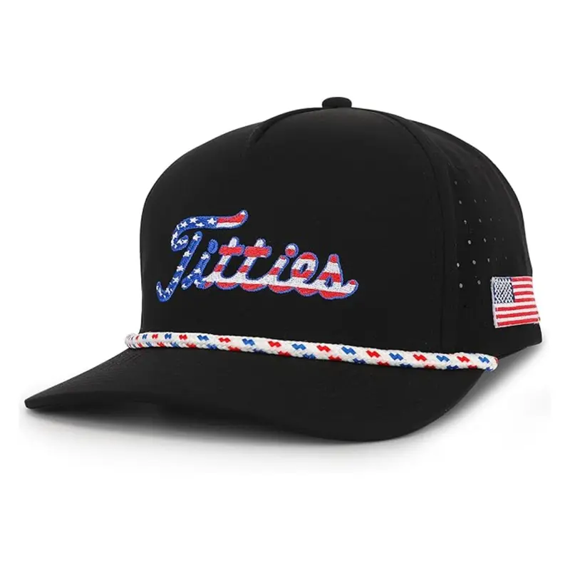 Curves & Clubs Black USA Titties (Waterproof) Golf Hat for Men, Funny Golf Hat with Rope Brim, Adjustable Snapback Cap, Golf Gift for Husbands, Boyfriends, Dads, Brothers Golf Performance Hats