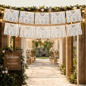 White Papel Picado Wedding Photo Banner Entrance Decor —  3 Packs 59Ft PVC Cielito Lindo Flags for Ceremony Backdrop,  Boho Fiesta Reception & Bridal Shower Party Decorations Ornaments Wall Wall