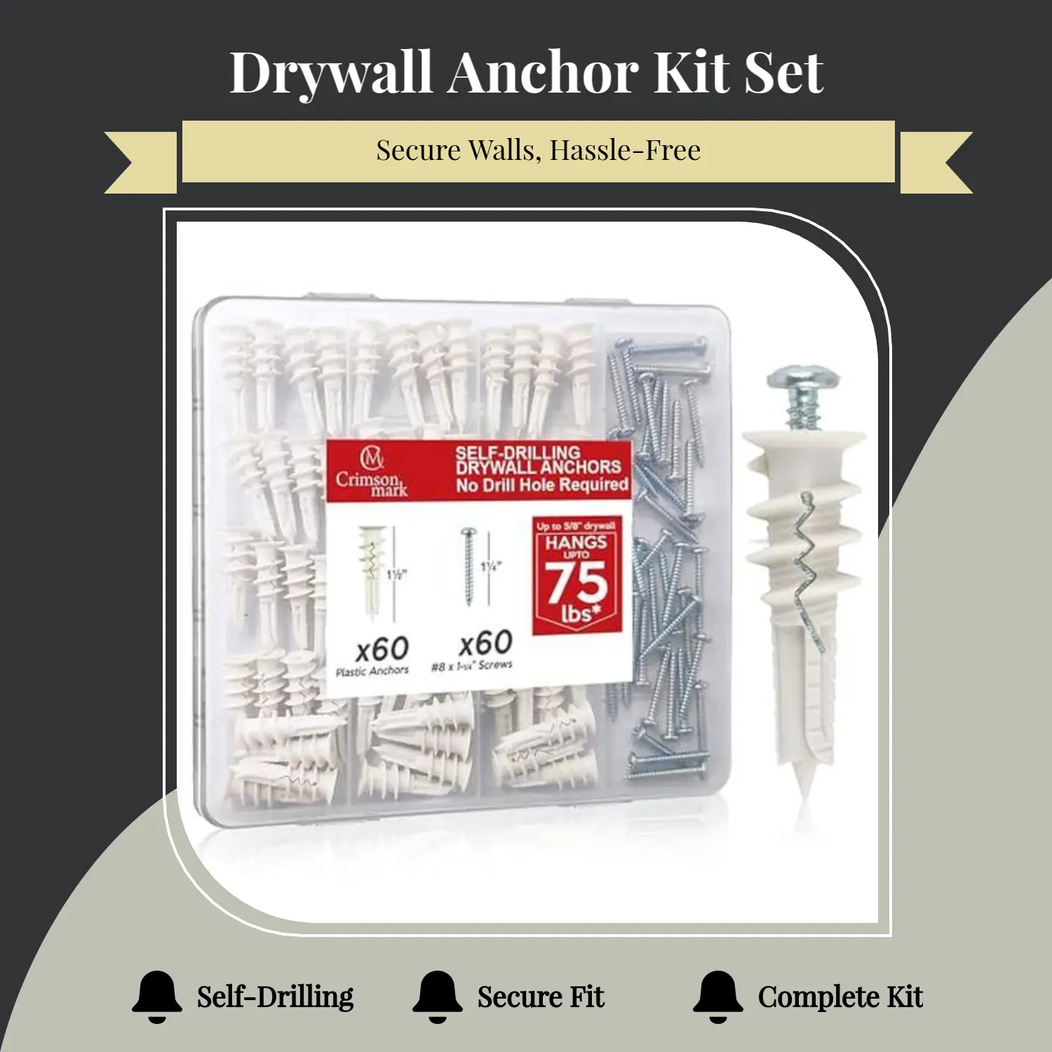 Self-Drilling Drywall Expansion Plug Anchors Kit No Drill Needed, Strong Load-Bearing, Corrosion-Resistant, Easy to Hang for Home & Office, Includes Anchors, Screws, Adjustable Hooks & Bracket for Quick Install
