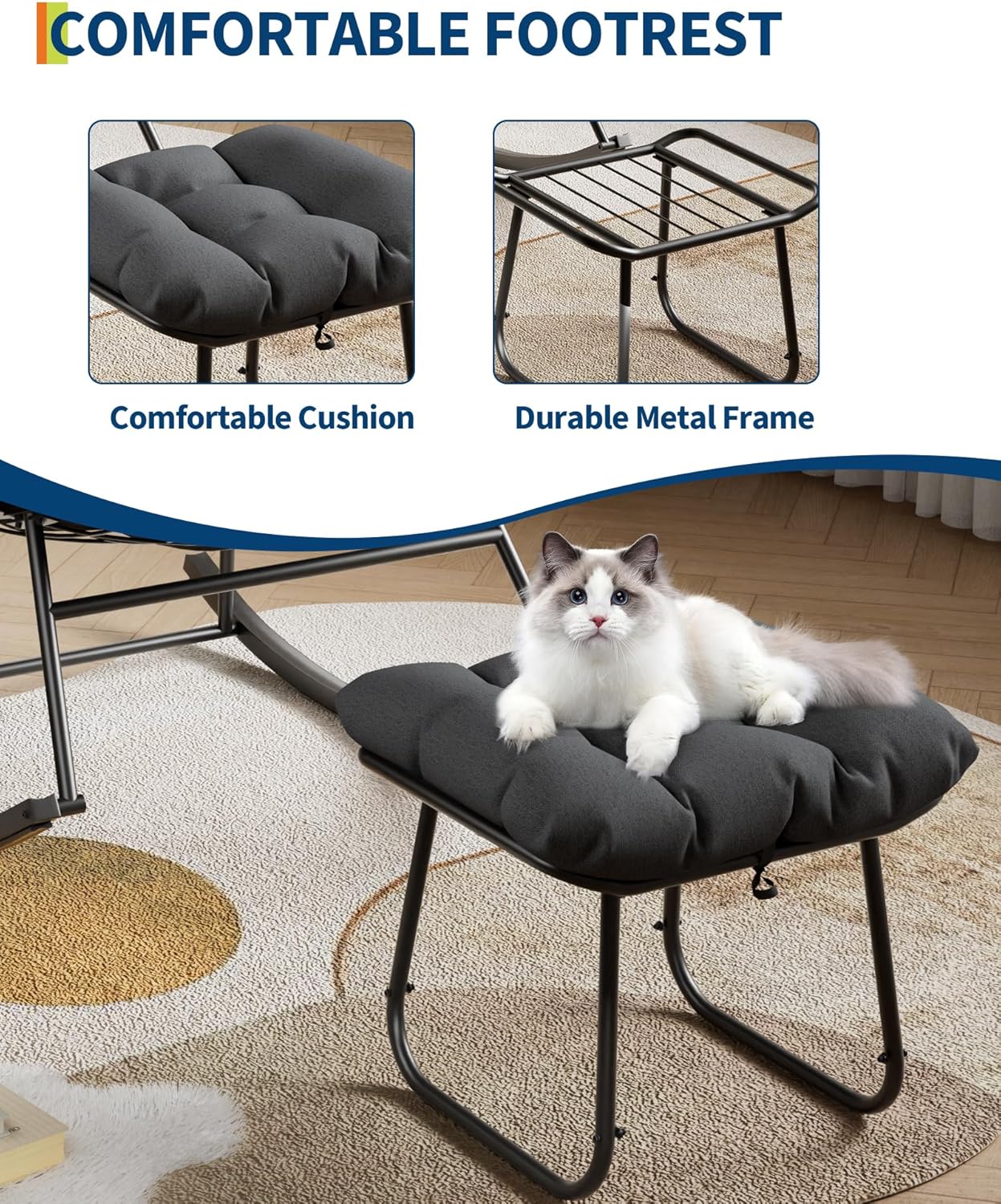 Outdoor Oversized Papasan Rocking Chair with Footrest, Patio Lounge Chair with Ottoman and Sturdy Metal Frame, Patio Rattan Egg Rocker for Balcony Backyard Porch Bedroom