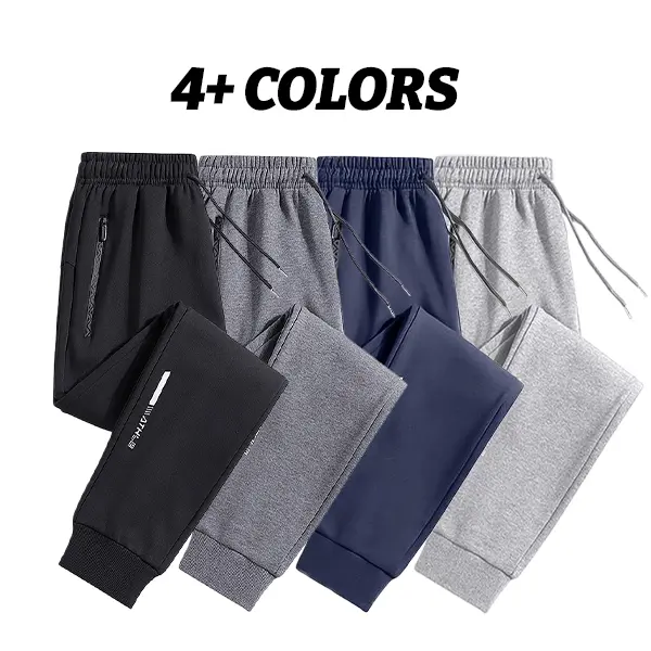 Men’s four-color jogger sweatpants with drawstring, zippered pockets, casual tapered long pants