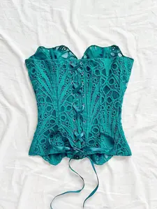 Women's Lace Corset Strapless Top | Teal Blue Hollow Out Embroidered Bustier | Sexy Avant Garde Party Outfit