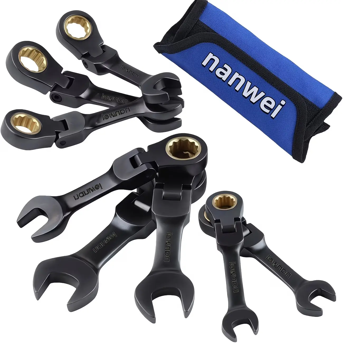 【summerfinds】8-Piece Short-End Ratchet Wrench Set, Metric/SAE Standard (8-19mm), 72-Teeth Chromium-Vanadium Steel, Black Nickel Plating, Molded Bag Included, Ideal for DIY Use