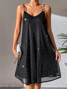 Sequin Slip Dress for Women, Fashionable Elegant Formal Design, Metal Buckle Shoulder Straps for Party and Evening Wear