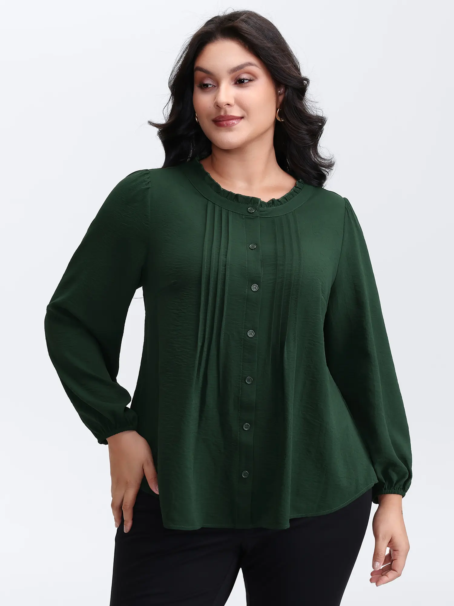 BloomChic Women's Plus Size Dark Green Frill Toothpick Pleat Flowy Solid Blouse Top - Long Lantern Sleeves, Stand-Up Collar, 100% Polyester Smooth Fabric, Regular Fit, Chic Curves, M-6X, 2026 Summer Fashion, Women's Gifts, Long Sleeve, Shirts, Gifts For W