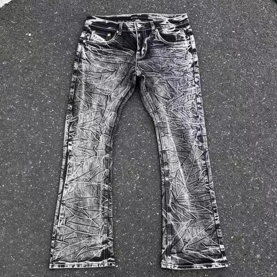 Men’s high-stretch black/gray slim flared jeans with a crack marble wash and abstract texture, bootcut denim street pants