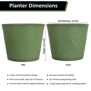 GreenShip 15 inch Large Planters, Set of  2 Relief  Planters - Recycled Resin & Stone Composite Flower Pots - Weather Resistant Lightweight Garden Pots for Indoor Outdoor Plants