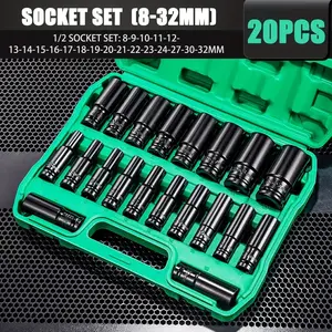 11/20pcs Heavy-Duty 1/2" Multifunctional Metric Socket Wrench Set, Durable Steel Build, Pneumatic Tool Compatible, 8mm-32mm Sockets, Tool Box Packaged for Tire Removal, Car & Work Essentials, Socket Wrench Set Metric