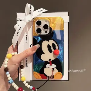 Suitable for Apple 17 Pro Max Mickey phone case with colorful cute beads, insdiy lanyard pendant for women, full coverage