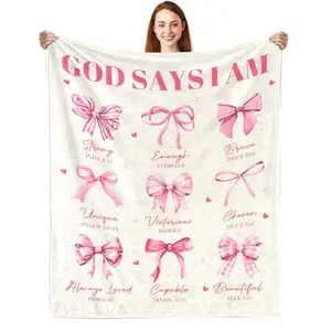 1pc Coquette "God Says I Am" Pink Throw Blanket with Bow & Bible Verses Soft Plush Inspirational Christian Gift for Women Fits Birthday Christmas Ideal Religious Present for Jesus Faith Lovers Perfect Couch Bed Decor 280GSM