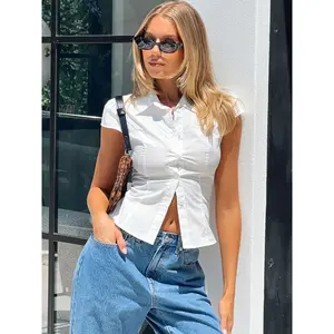 Women's Button Down Shirts Cap Sleeve Turn Down Collar Blouses Short Sleeve V Neck Collared Cropped TopsFit Coquette Going Out Tops Y2k Streetwear Party Clubwear