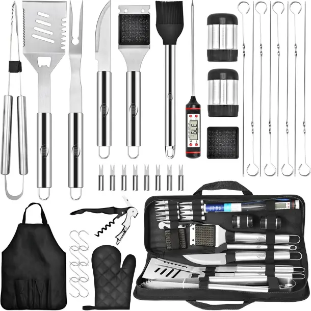 Grilling Accessories, Dad Gifts for Christmas Grilling Gifts, Heavy Duty Stainless Steel Grill Set BBQ Grill Accessories for Outdoor Grill with Meat Thermometer, Case and Apron
