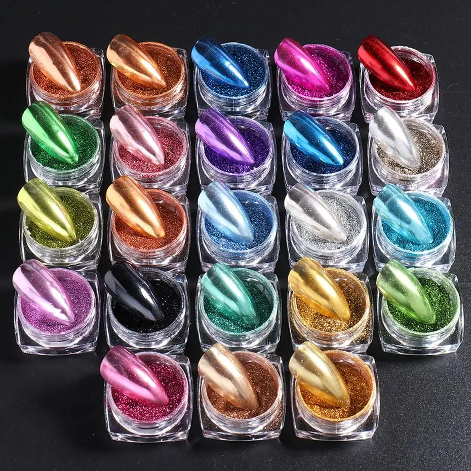 23 Pcs Metallic Mirror Chrome Nail Powder Kit - Gold Silver Glitter Pigments for UV Gel Nail Art Application