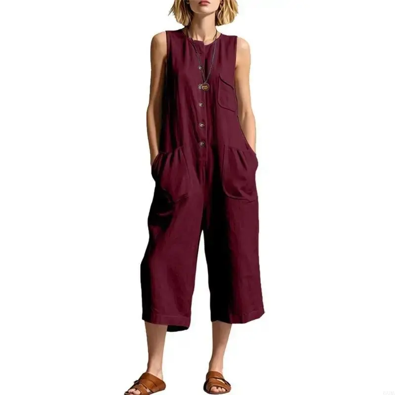 Women's Casual Cotton-Linen Fabric Adjustable Overalls, Sleeveless Rompers, Festival Dungarees 6XDA, Soft, Simple, Lady, Basic, Comfortable