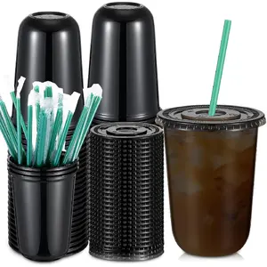 25 Set Plastic Cups with Lids and Straws, Disposable Plastic Iced Coffee Cup for Cold Beverage Juice Smoothie Crystal for Coffee Shops Party Catering(Black,16 oz)