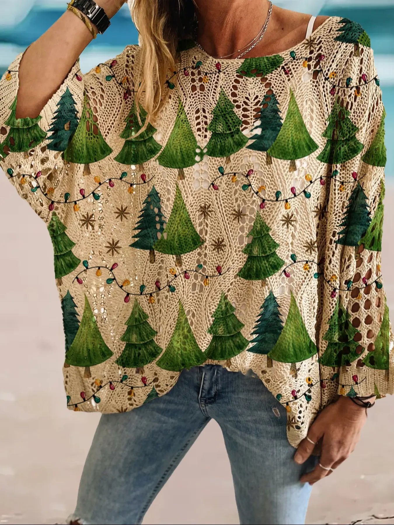 Women's Christmas Light Plant Print Long Sleeve Knit Top, Casual Elegant Holiday Style Sweater, Loose Batwing Shoulders, Fall & Winter Fashion Clothes, Knitwear