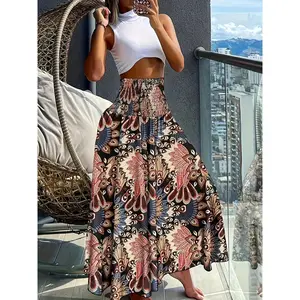 [High Waist Floral Print Skirt] Floral Print Smock High Waist Skirt, Boho A-line Skirt For Spring & Summer, Women's Clothing