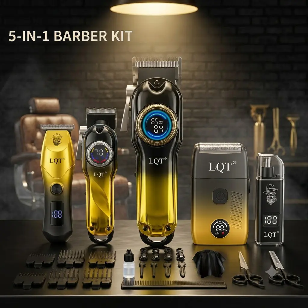 LQT 5-in-1 Professional Barber Kit for Men, Hair Clipper Set with T-Blade Trimmer, Detail Trimmer, Electric Shaver & Nose Hair Trimmer, Cordless LED Display, USB Rechargeable Mens Grooming Kit, Adjustable Daily Facial, Gift for Dad