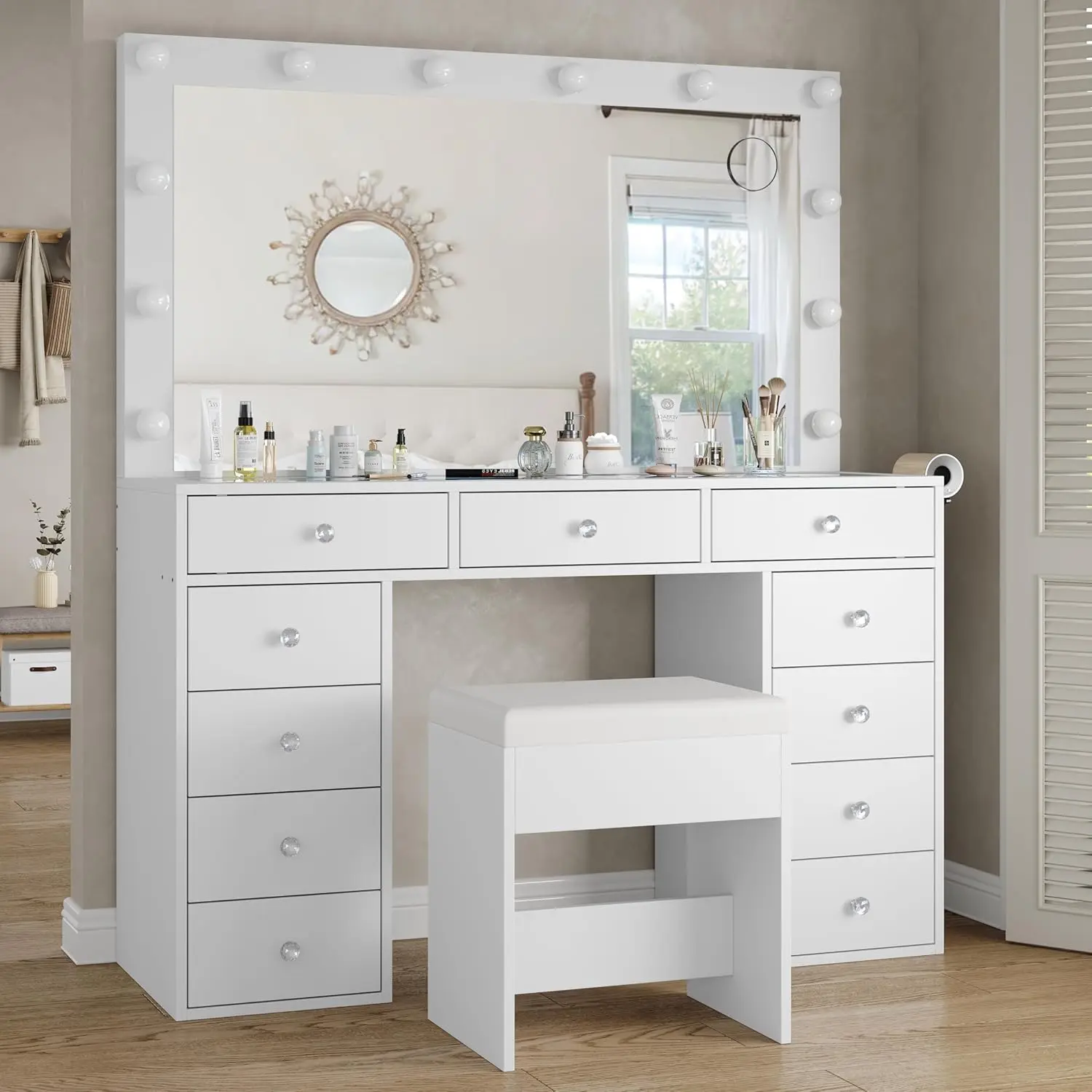 FUSOU 47" Glam Stylish Dream Vanity Desk with 11 Drawers, Power Outlet, 12 LED Lights (3 Modes), Chair & Large Mirror Storage - Ships in 2 Packages for Dressing Rooms, SummerVibe