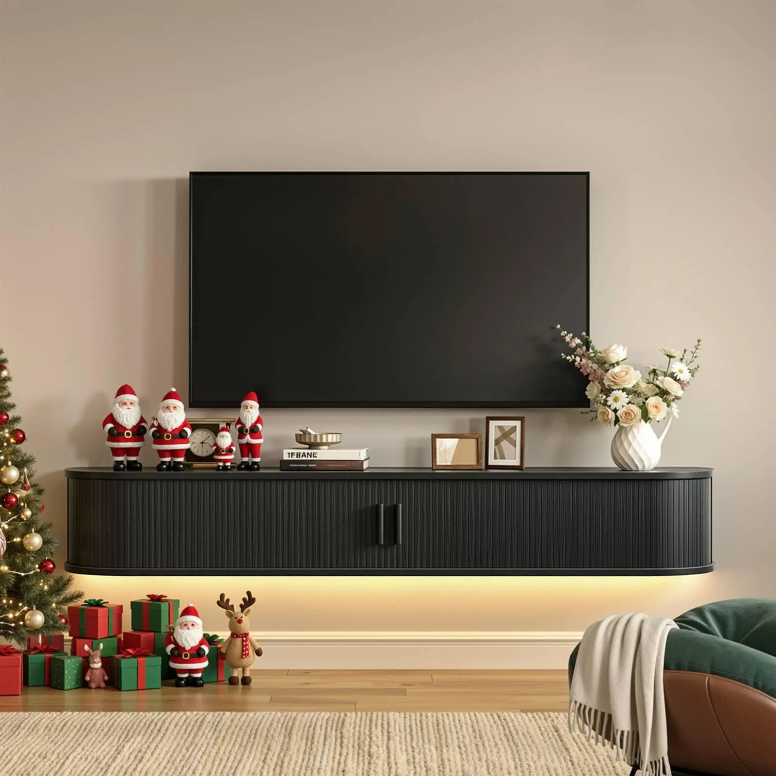 【SummerFinds】ONBRILL 63" Floating TV Stand with Power Outlet for TVs up to 75", Fluted Entertainment Center with Remote Control for LED Lights, Mid-Century Modern TV Console w/Sliding Door for Living Room, Bedroom,summerwins,dorm essentials,home decor