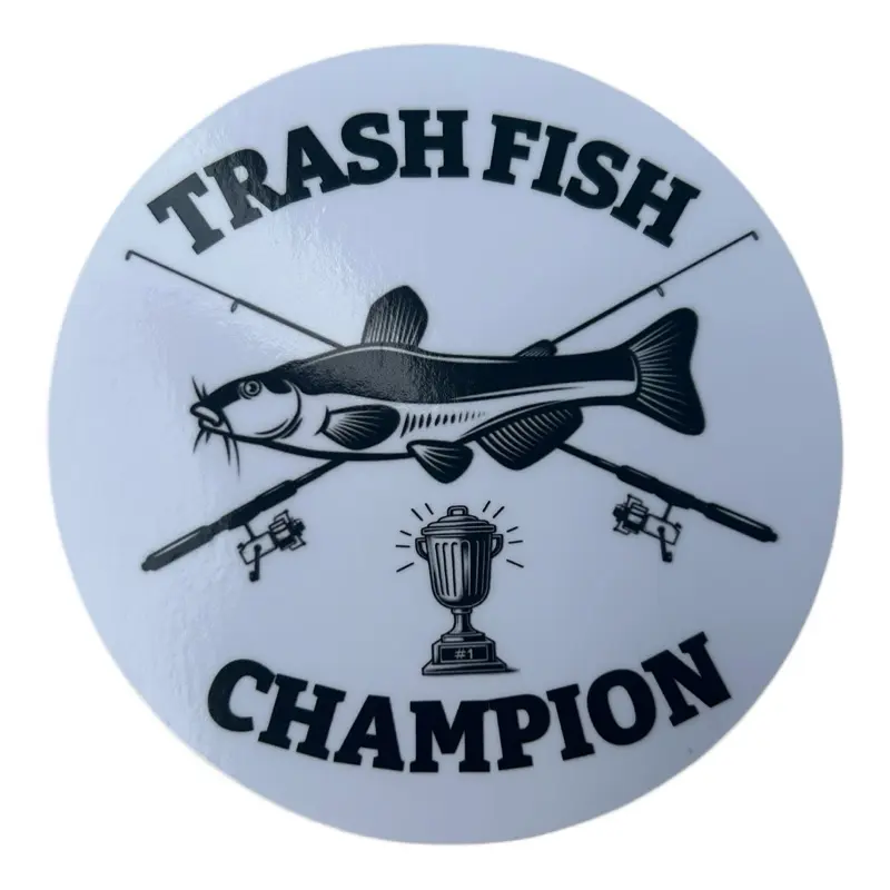 Trash Fish Champion Boat or Car Vinyl Sticker - White Glossy Design Featuring Trash Fish and Trophy, Perfect for Humor or Fishing Enthusiasts