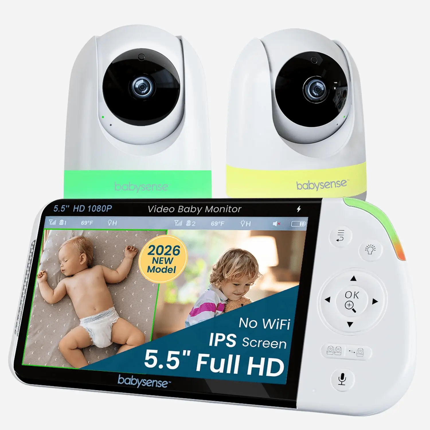 Babysense PRO Video Monitor - Non-WiFi Home Security Baby Camera System with 2 Cameras, Split Screen, Night Light, Sound Machine, Wide Range, Long-Lasting Batteries, Videomonitor