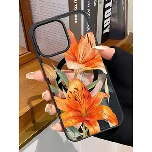 This Orange Lily-Patterned Magnetic Phone Case Supports Wireless Charging And Is Made Of Shockproof, Non-Slip Transparent Silicone Acrylic. It's Suitable For IPhone 17, 17 Air, 17 Pro, 17 Pro Max, 16, 15, 14 Pro Max, 13, 12, 11 Plus, And The Galaxy S22/