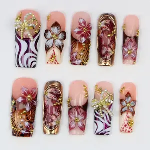 Vintage Elegant Pink & Purple Floral Long Square Press On Nails,Hand-Painted Tropical Summer 3d Flower Luxury Nail Set,Cottagecore Nails