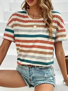2026 Women's Colorblock Striped Print Round Neck Tee, Casual Short Sleeve Crew Neck T-Shirt for Summer, Ladies Clothes for Daily Wear, Graphic Tees Women