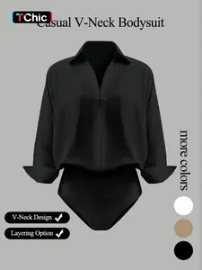 Women's casual Everyday loose V-neck long-sleeved shirt jumpsuit, elegant Style woven fabric, slim fit, suitable for all seasons, and can be layered flexibly.