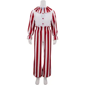 Unisex Flando Clown Cosplay Costume Red White Jumpsuit Top and Pants Set for Halloween