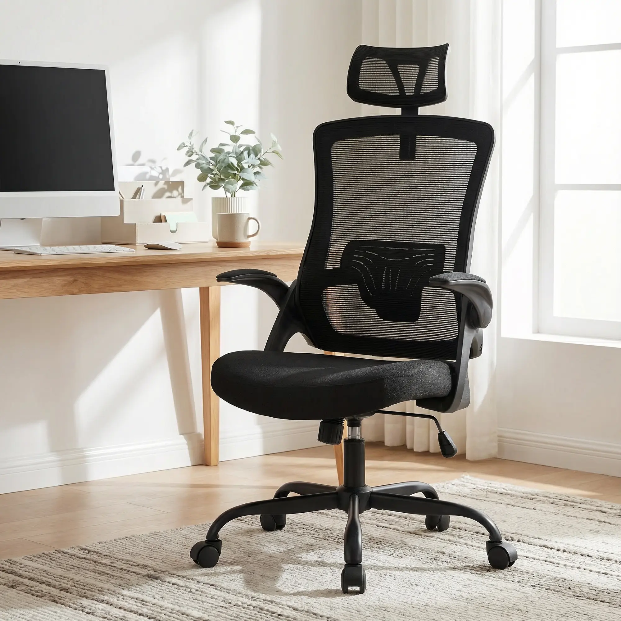 NEO CHAIR Office Chair High Back Desk Chair Comfy Gaming Computer Mesh Seat with Ergonomic Lumbar Adjustable Headrest Rolling Flip-up Armrests and Wheels