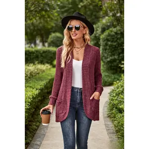 Women Casual Ribbed Knit Open Front Cardigan Long Sleeve Loose Coat With Pockets