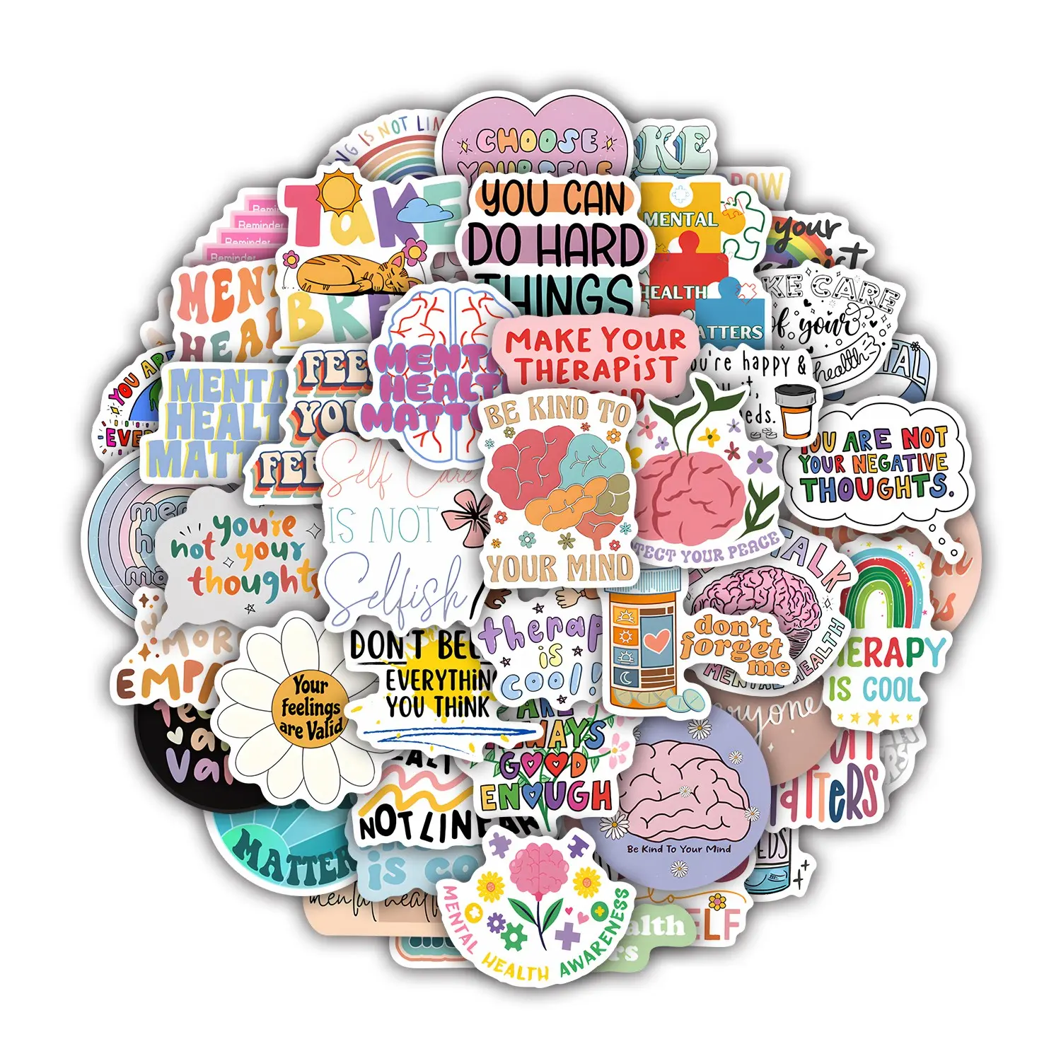 50Pcs Mental Health Inspirational Stickers Pack, Adhesive Stickers, Sticker Packs, Waterproof Self-Care Positivity Vinyl Decals for Laptop Water Bottle Journal Scrapbook Scrapbooking, Meaningful Gifts for Mental Health Advocates
