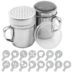 2PCS Powdered Sugar Shaker Duster with Handle, Stainless Steel Powder Shakers for Sugar Pepper Cinnamon Powder Flour with Printing Molds Stencils - Fine & Large Mesh
