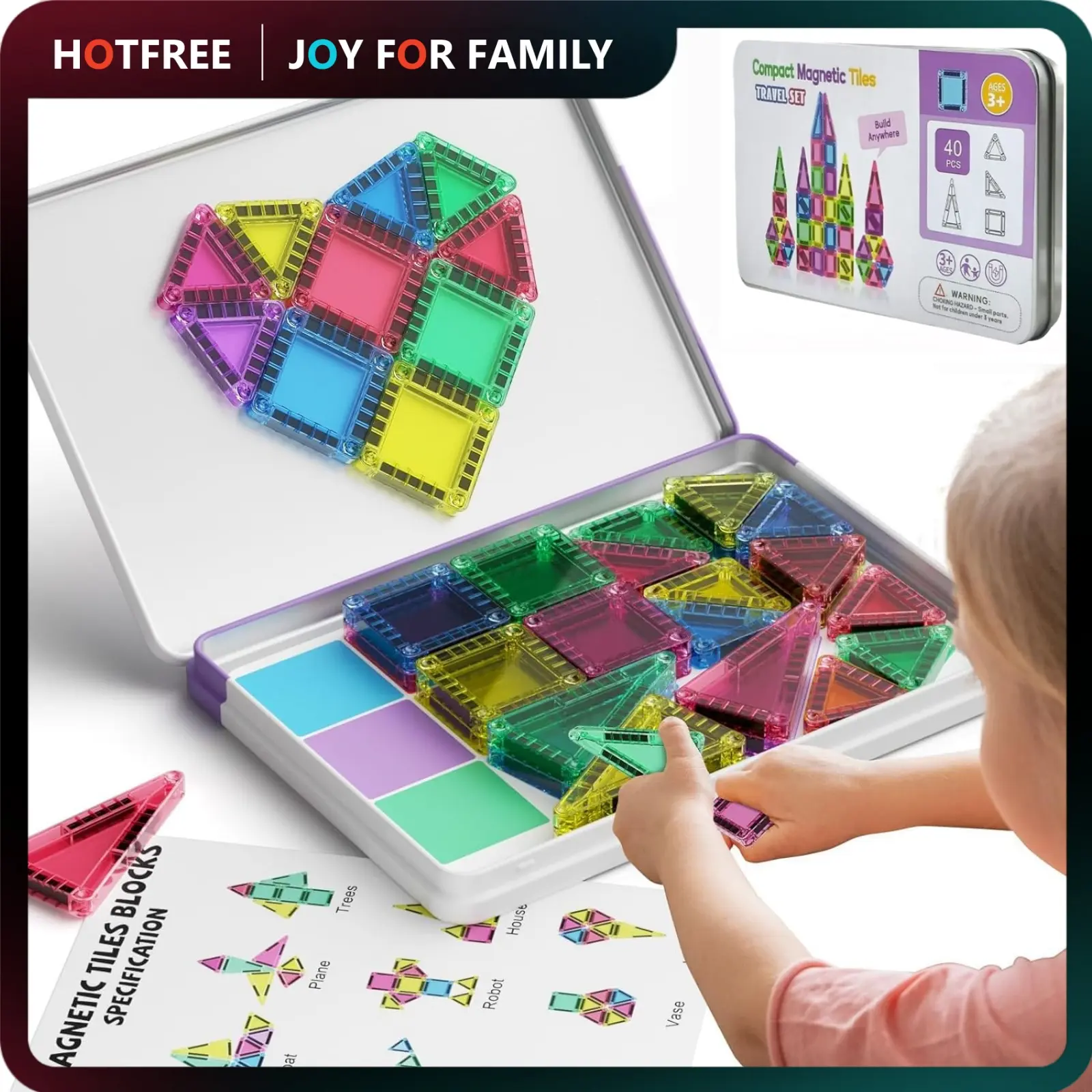 Hotfree 40PCS Mini Magnetic Tiles Building Blocks - Montessori Educational Compact Carry Set with Iron Storage Box, Colorful Magnetic Model Building Kits, Airplane Screen-Free Activity Toys for Toddlers with Small Hands (Ages 3-8)