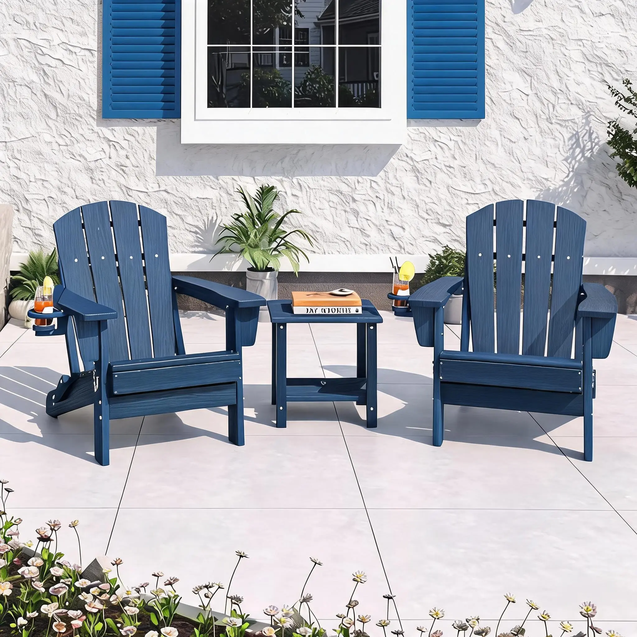 Folding Adirondack Chair, Weather Resistant HDPE Poly Resin Fire Pit Chair with 380lbs Capacity, Fake Wood Texture Patio Lounger for Backyard and Deck, Black Gray