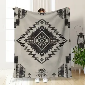 Southwestern Aztec Tribal Throw Blanket Distressed Black & Beige Geometric Print Flannel Cozy Soft Boho for Cabin Western Decor Perfect Gift Choice